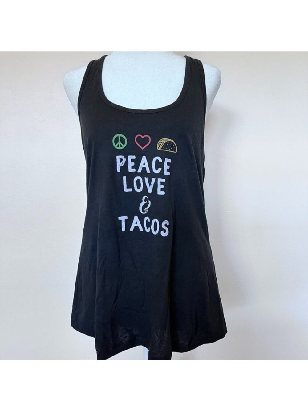 Womens Peace Love & Tacos Graphic Racerback Tank Tee Whimsical Boho Yoga Workout